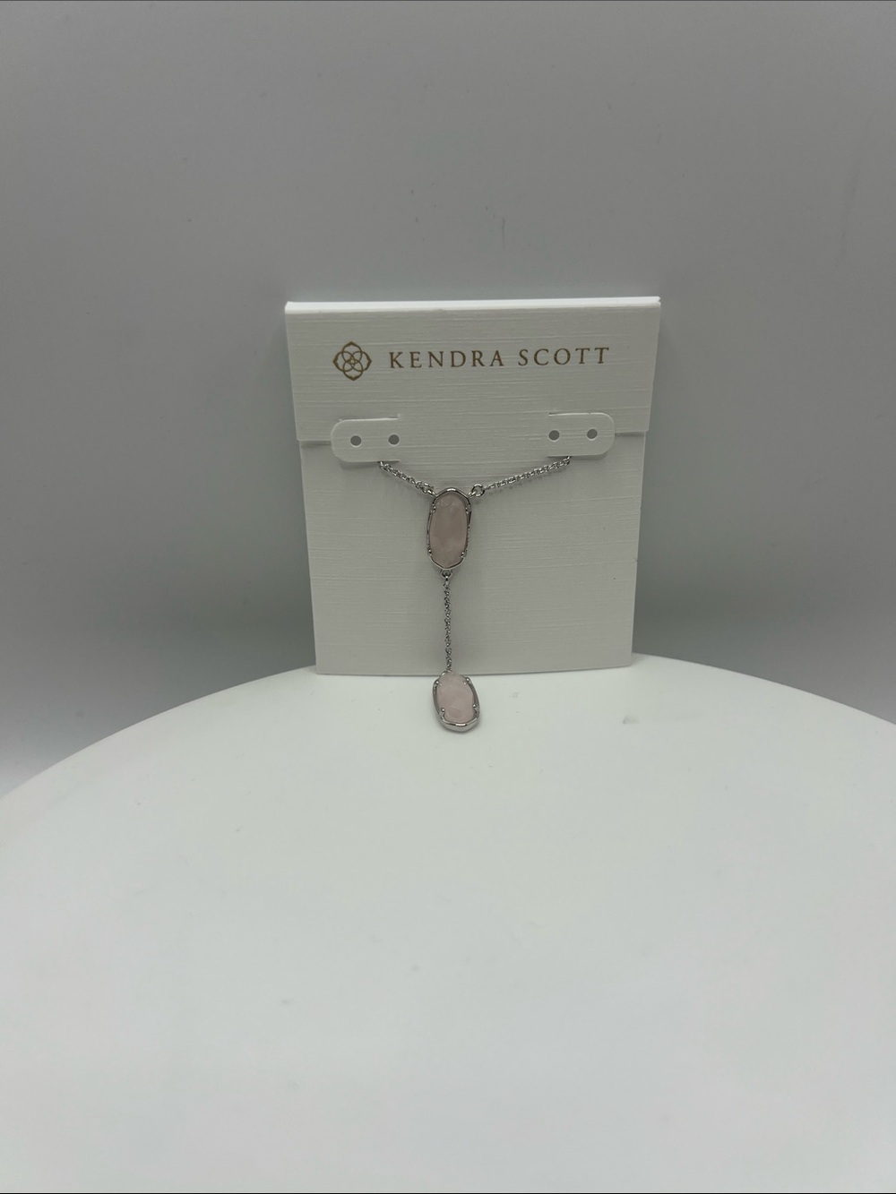 835. Kendra Scott Rose Quartz Y-Drop Necklace - Silver 14” - 16”